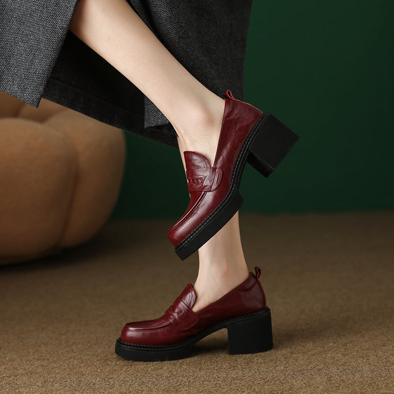 Round Toe Penny Loafers in Hand-Grained Sheepskin with 65mm Block Heel in Brown/Black/Wine Red