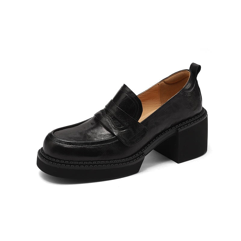Round Toe Penny Loafers in Hand-Grained Sheepskin with 65mm Block Heel in Brown/Black/Wine Red