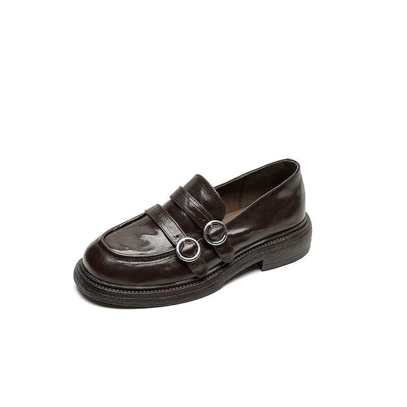 Shearling Lined Block Heel Sheepskin Leather Loafers with Double Buckle Design Black/Brown