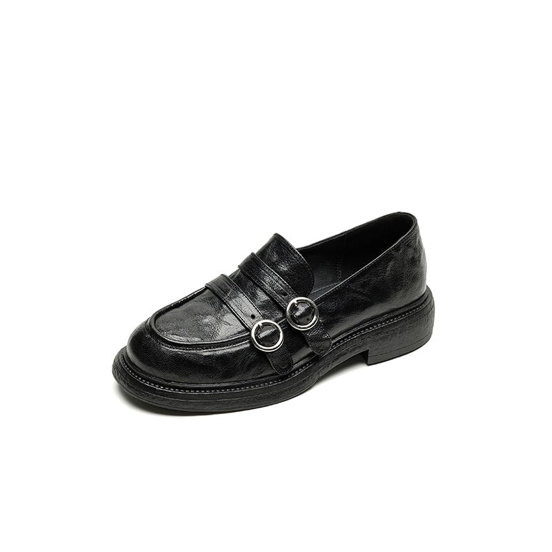 Shearling Lined Block Heel Sheepskin Leather Loafers with Double Buckle Design Black/Brown