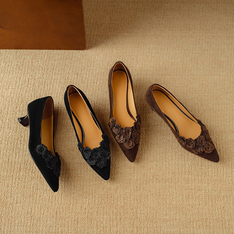 Sheepskin Suede Kitten Heel Pointed Toe Pumps with Floral Embellishment in Black/Brown