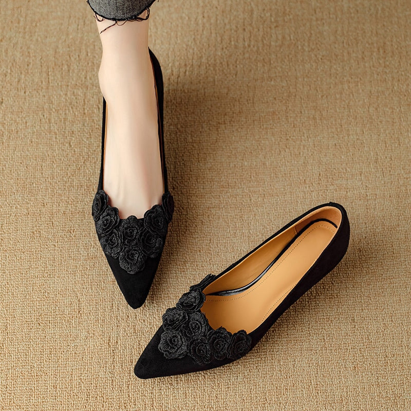 Sheepskin Suede Kitten Heel Pointed Toe Pumps with Floral Embellishment in Black/Brown