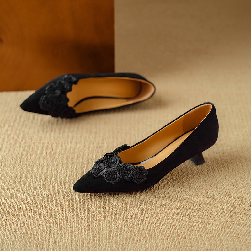 Sheepskin Suede Kitten Heel Pointed Toe Pumps with Floral Embellishment in Black/Brown