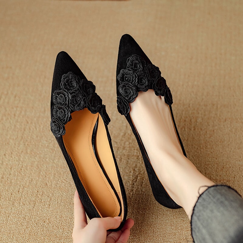 Sheepskin Suede Kitten Heel Pointed Toe Pumps with Floral Embellishment in Black/Brown
