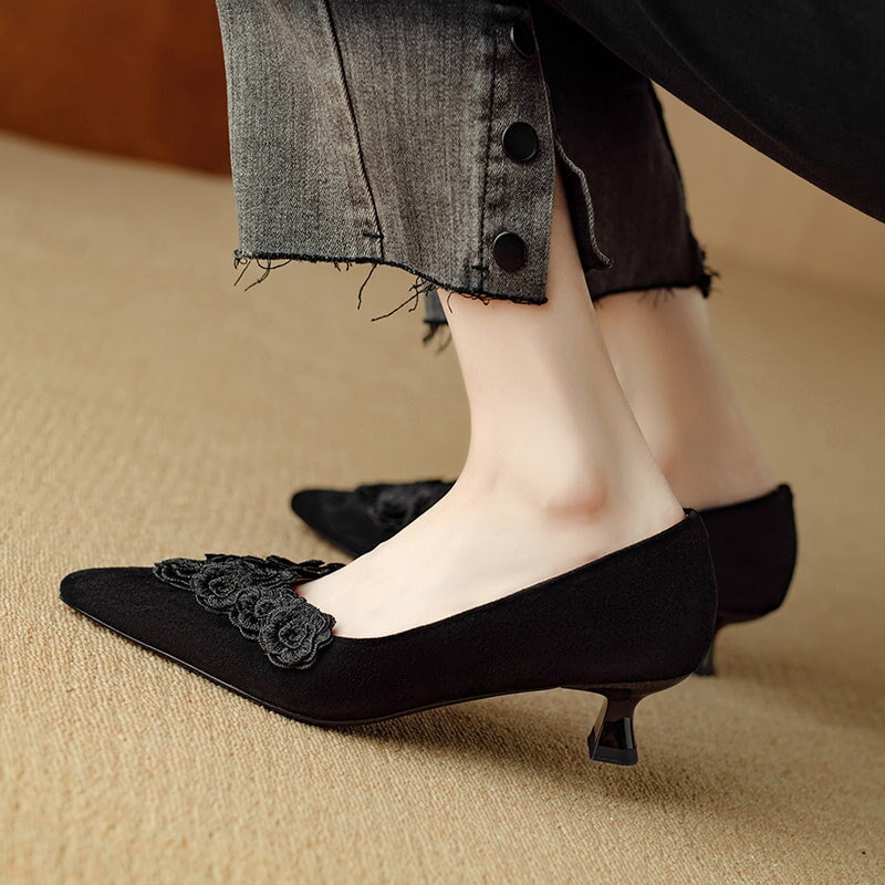 Sheepskin Suede Kitten Heel Pointed Toe Pumps with Floral Embellishment in Black/Brown