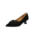 Sheepskin Suede Kitten Heel Pointed Toe Pumps with Floral Embellishment in Black/Brown