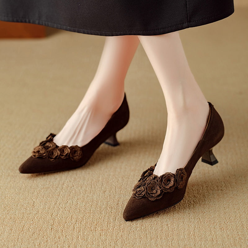 Sheepskin Suede Kitten Heel Pointed Toe Pumps with Floral Embellishment in Black/Brown