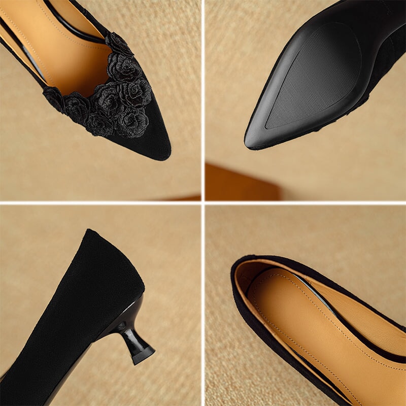 Sheepskin Suede Kitten Heel Pointed Toe Pumps with Floral Embellishment in Black/Brown