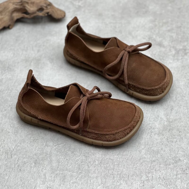 Soft Leather Lace-Up Casual Shoes Retro Barefoot Flats in Khaki/Grey