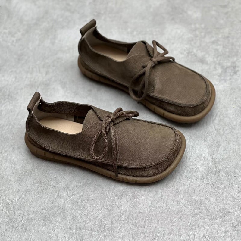 Soft Leather Lace-Up Casual Shoes Retro Barefoot Flats in Khaki/Grey