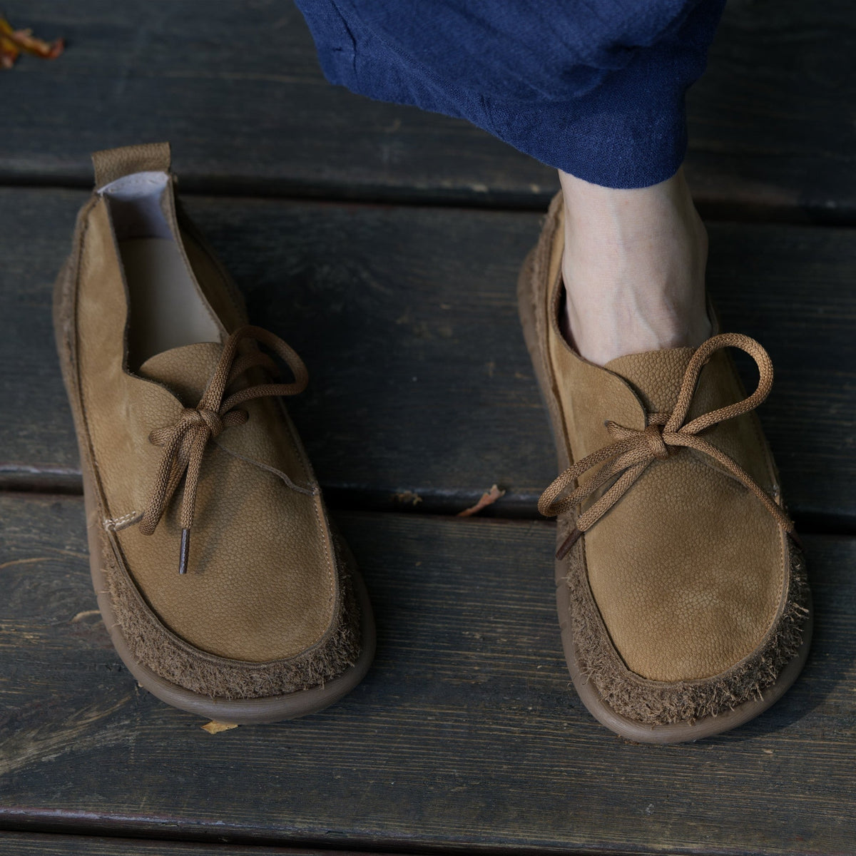 Soft Leather Lace-Up Casual Shoes Retro Barefoot Flats in Khaki/Grey