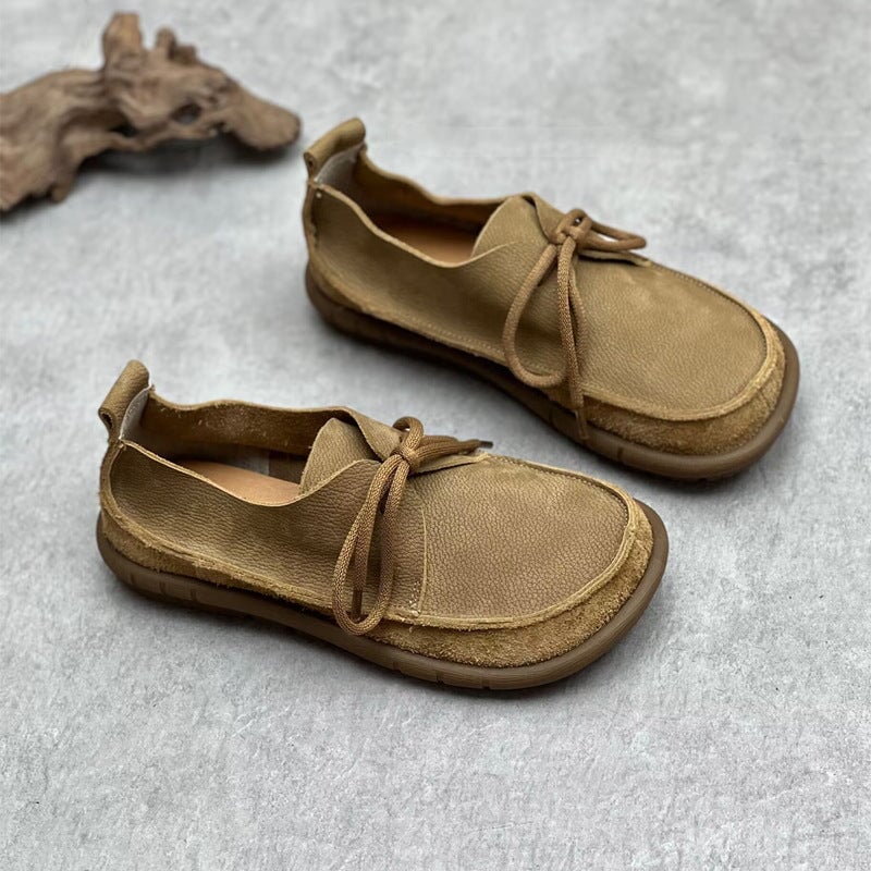 Soft Leather Lace-Up Casual Shoes Retro Barefoot Flats in Khaki/Grey