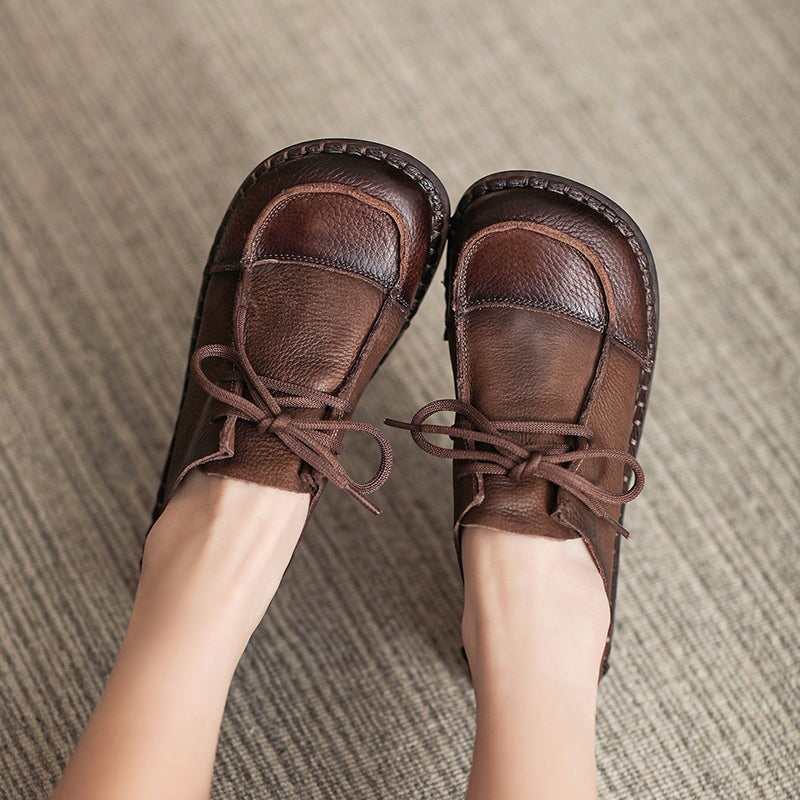 Soft Leather Oxfords & Tie Flats For Women Barefoot Shoes in Brown/Beige Handmade