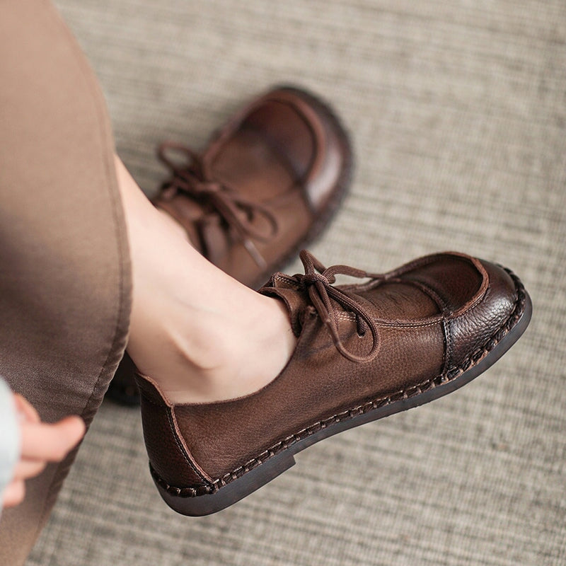 Soft Leather Oxfords & Tie Flats For Women Barefoot Shoes in Brown/Beige Handmade