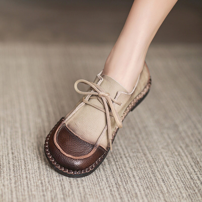 Soft Leather Oxfords & Tie Flats For Women Barefoot Shoes in Brown/Beige Handmade