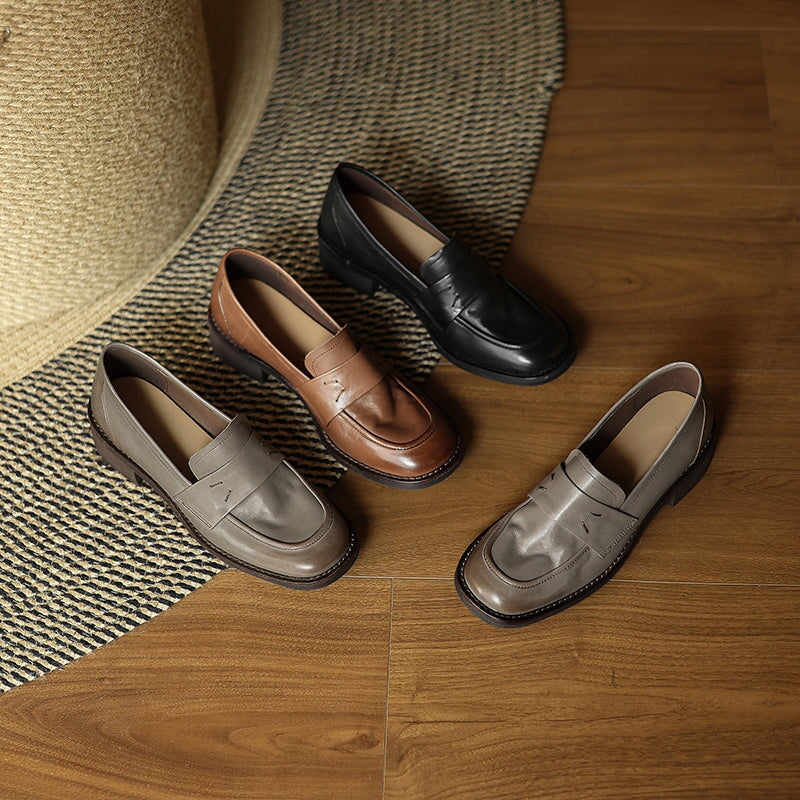 Soft Leather Penny Loafers for Women Casual Slip-On Shoes in Black/Grey/Brown