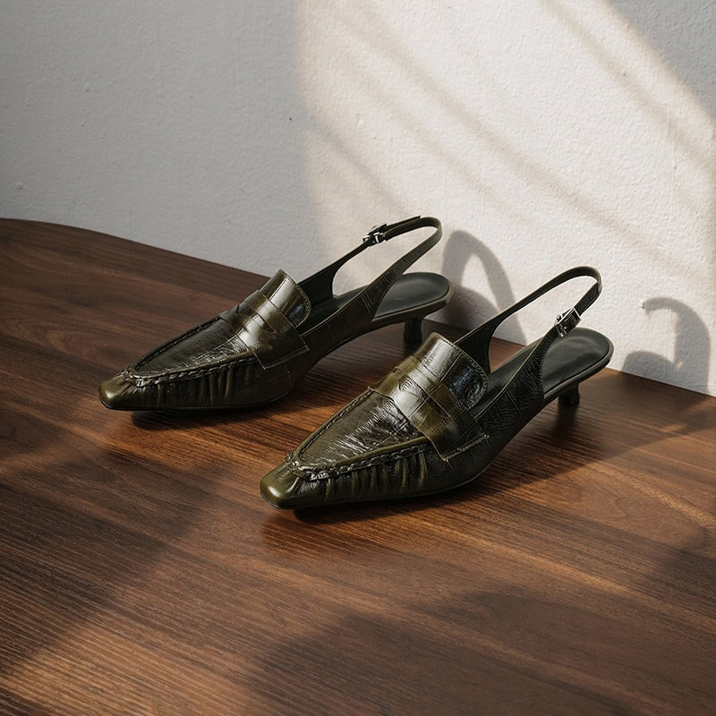 Square Toe Slingback Pumps Kitten Heel Ruched Leather Sandals in Black/Brown/Green