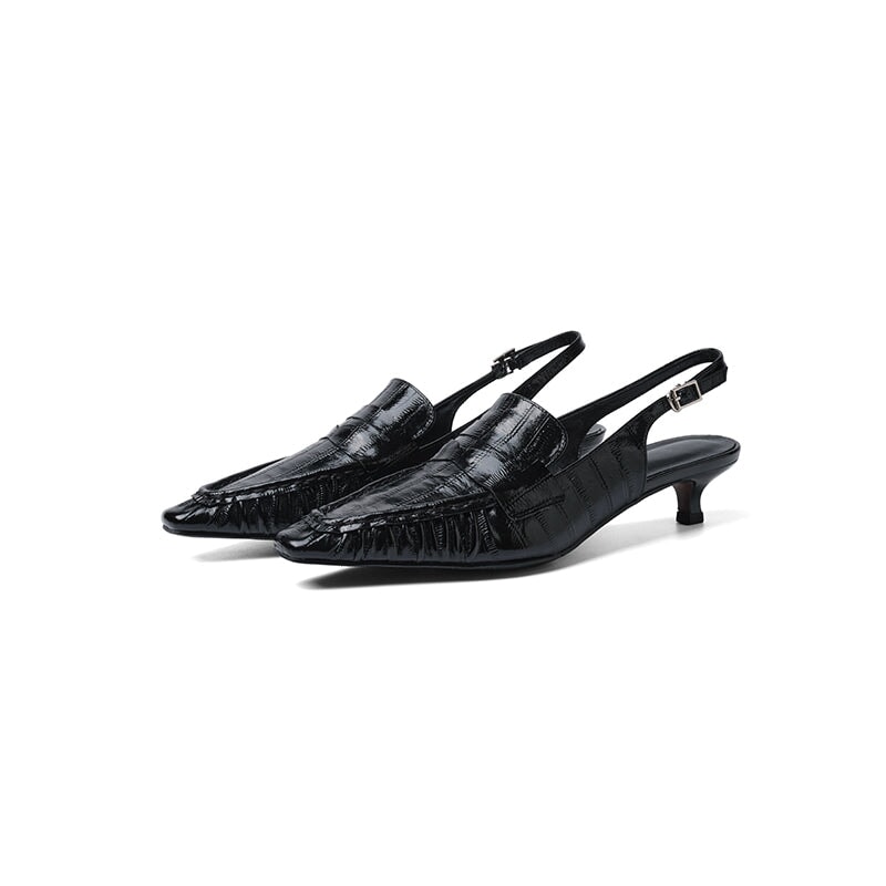 Square Toe Slingback Pumps Kitten Heel Ruched Leather Sandals in Black/Brown/Green