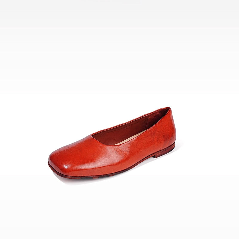 Square Toe Soft Horse Leather Loafers Casual Slip-On Flats for Women in Red/Black