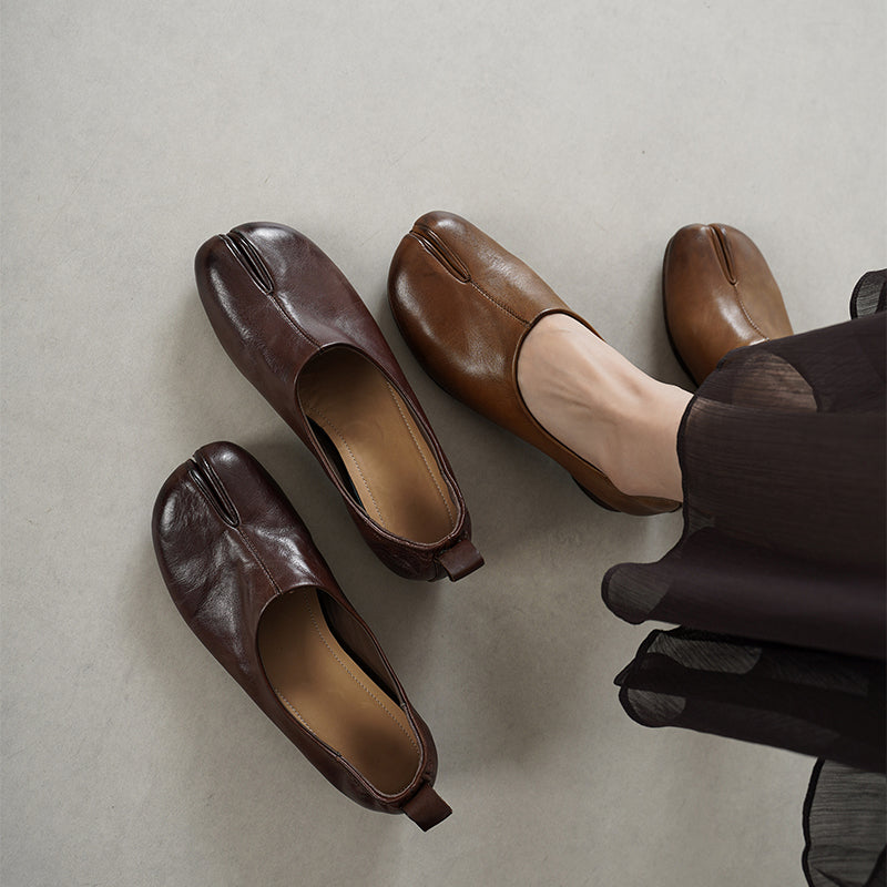 Tabi Split Toe Handmade Washed Cow Leather Slip-On Loafers for Women in Caramel/Brown
