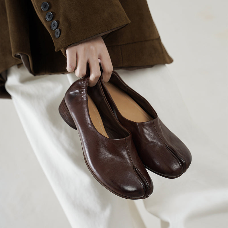 Tabi Split Toe Handmade Washed Cow Leather Slip-On Loafers for Women in Caramel/Brown