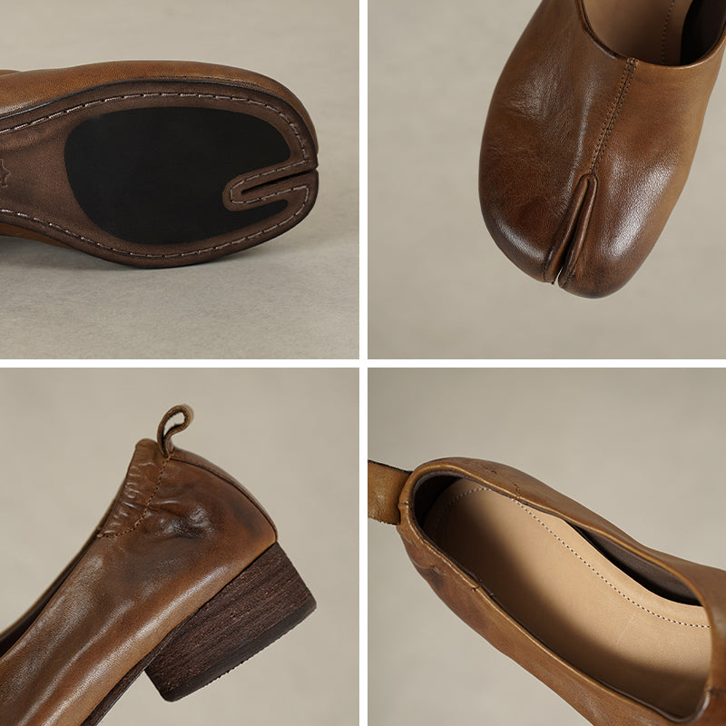 Tabi Split Toe Handmade Washed Cow Leather Slip-On Loafers for Women in Caramel/Brown