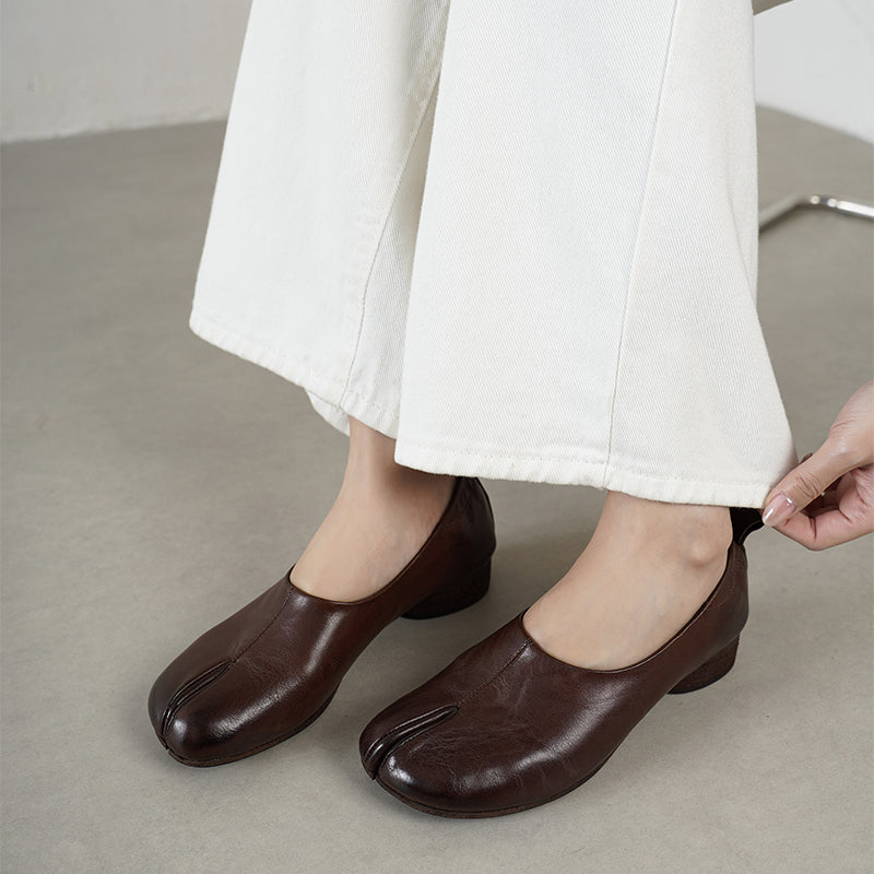 Tabi Split Toe Handmade Washed Cow Leather Slip-On Loafers for Women in Caramel/Brown