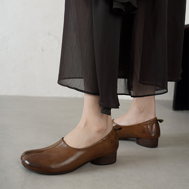 Tabi Split Toe Handmade Washed Cow Leather Slip-On Loafers for Women in Caramel/Brown