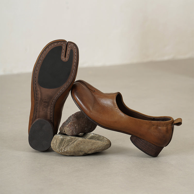 Tabi Split Toe Handmade Washed Cow Leather Slip-On Loafers for Women in Caramel/Brown