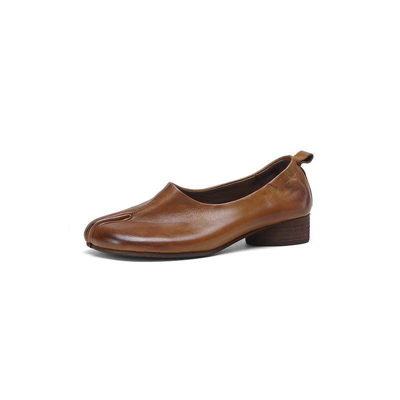 Tabi Split Toe Handmade Washed Cow Leather Slip-On Loafers for Women in Caramel/Brown
