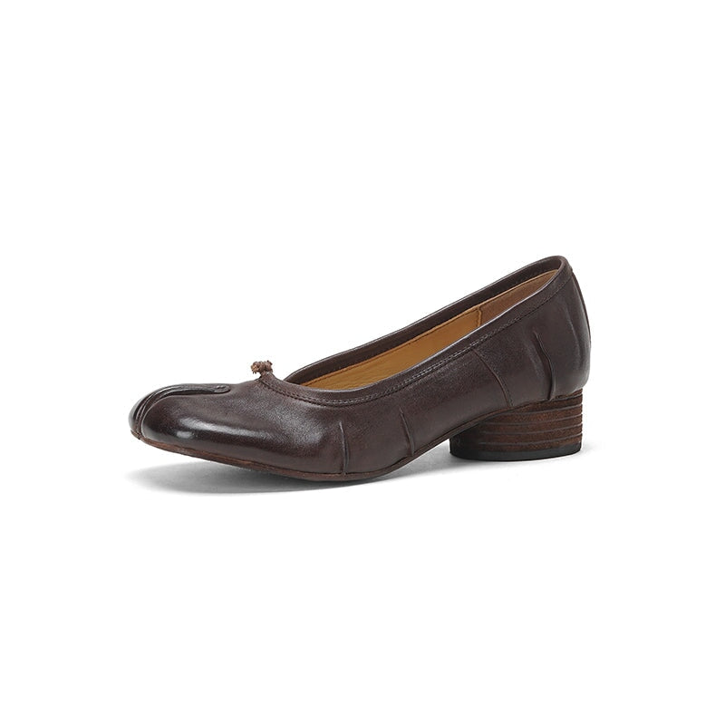 Tabi Split Toe Pumps Handmade Washed Horse Leather Slip-On Shoes in Black/Red/Brown/Apricot