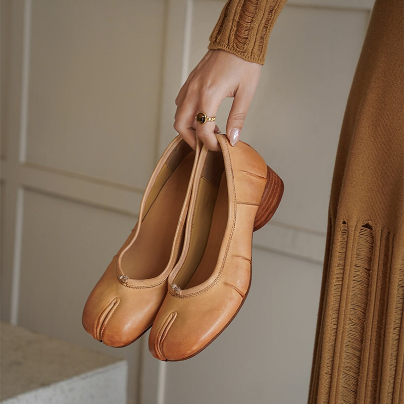 Tabi Split Toe Pumps Handmade Washed Horse Leather Slip-On Shoes in Black/Red/Brown/Apricot