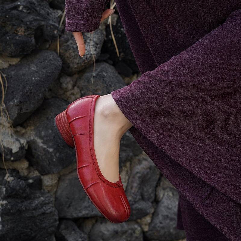 Tabi Split Toe Pumps Handmade Washed Horse Leather Slip-On Shoes in Black/Red/Brown/Apricot
