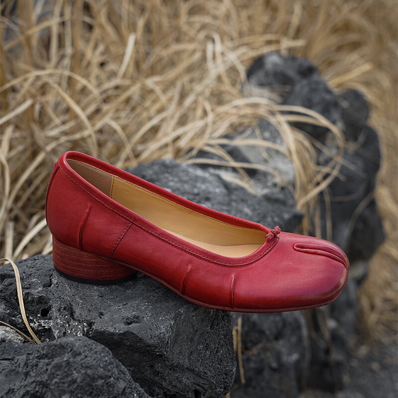 Tabi Split Toe Pumps Handmade Washed Horse Leather Slip-On Shoes in Black/Red/Brown/Apricot