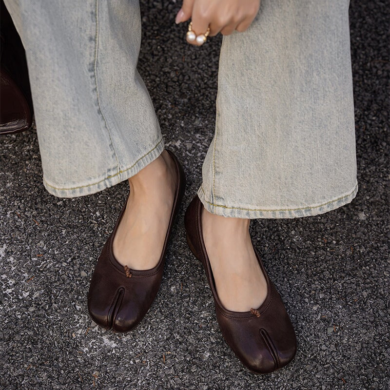 Tabi Split Toe Pumps Handmade Washed Horse Leather Slip-On Shoes in Black/Red/Brown/Apricot