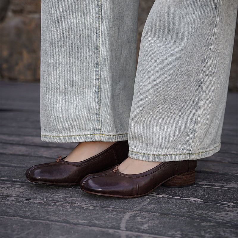 Tabi Split Toe Pumps Handmade Washed Horse Leather Slip-On Shoes in Black/Red/Brown/Apricot