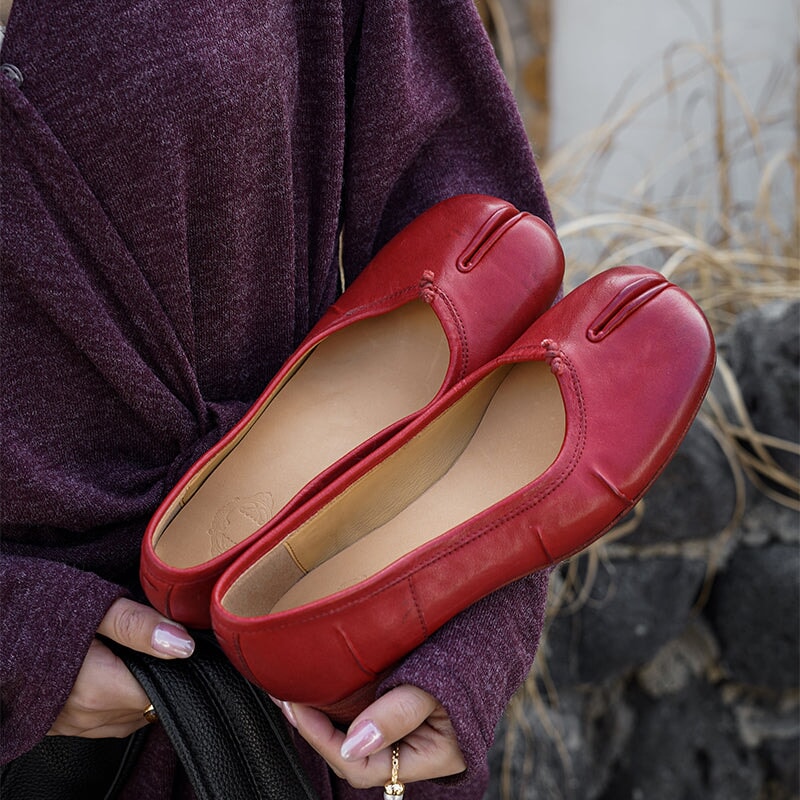Tabi Split Toe Pumps Handmade Washed Horse Leather Slip-On Shoes in Black/Red/Brown/Apricot
