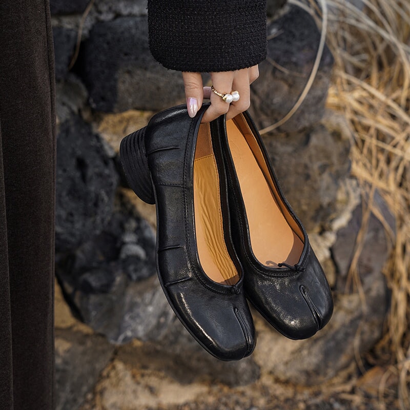 Tabi Split Toe Pumps Handmade Washed Horse Leather Slip-On Shoes in Black/Red/Brown/Apricot