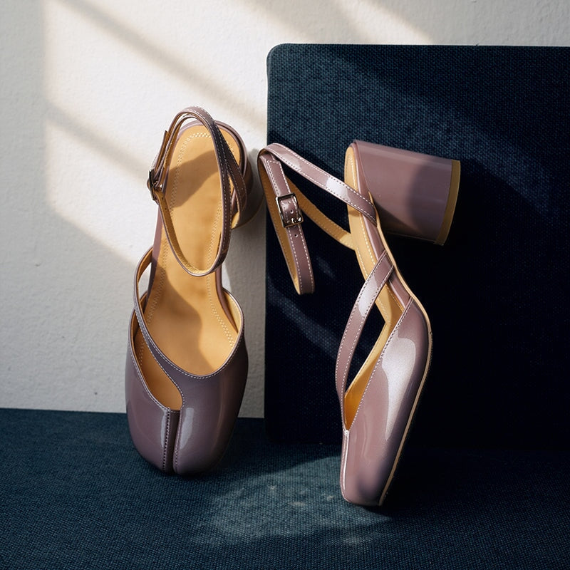 Tabi Split-Toe Slingback Heels for Women 70mm Cylinder Heel Leather Pumps in Black/Purple