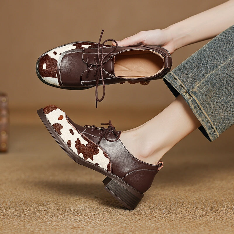 Unique Cow Pattern Handmade Leather Lace-Up Oxford Shoes in Black/Brown