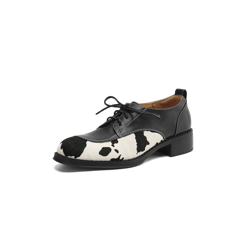 Unique Cow Pattern Handmade Leather Lace-Up Oxford Shoes in Black/Brown