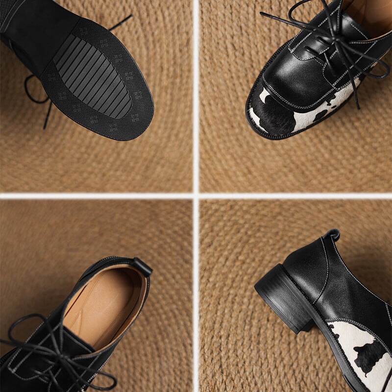 Unique Cow Pattern Handmade Leather Lace-Up Oxford Shoes in Black/Brown