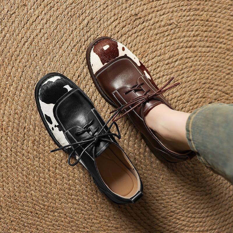 Unique Cow Pattern Handmade Leather Lace-Up Oxford Shoes in Black/Brown