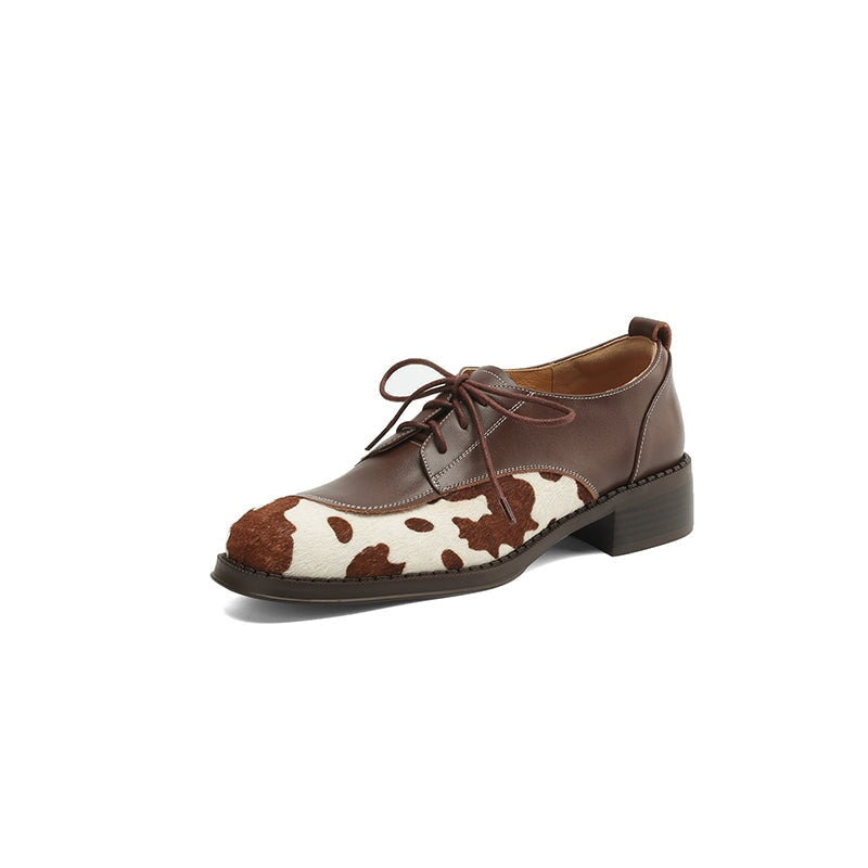 Unique Cow Pattern Handmade Leather Lace-Up Oxford Shoes in Black/Brown