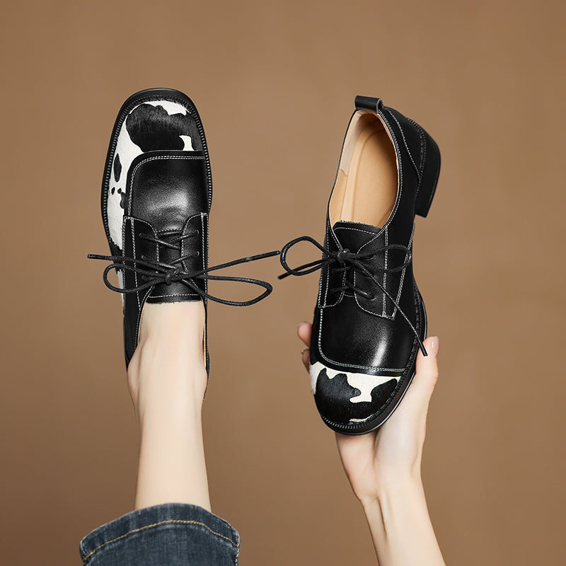 Unique Cow Pattern Handmade Leather Lace-Up Oxford Shoes in Black/Brown