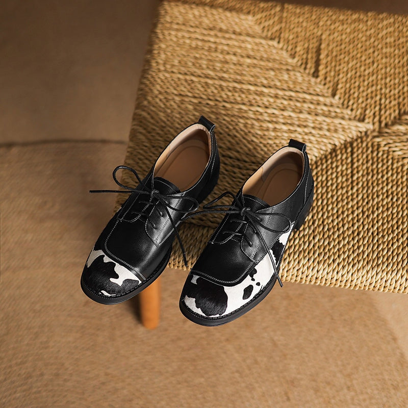 Unique Cow Pattern Handmade Leather Lace-Up Oxford Shoes in Black/Brown