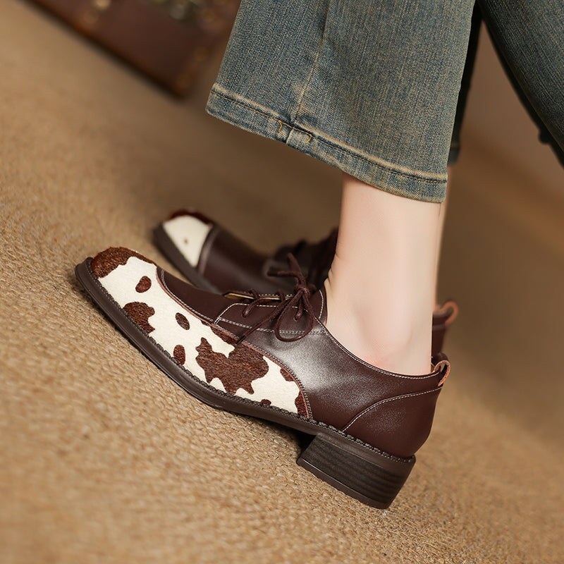 Unique Cow Pattern Handmade Leather Lace-Up Oxford Shoes in Black/Brown