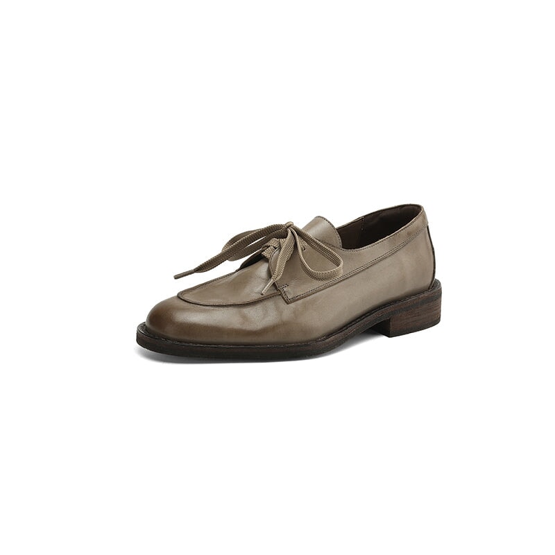 Vintage French-Style Soft Leather Lace-Up Derby Shoes for Women in Black/Grey/Coffee