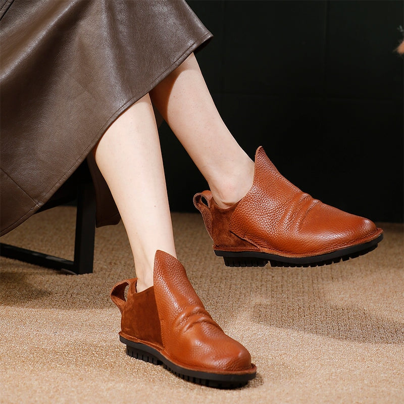 Vintage Handmade Cowhide Loafers Women Casual Slip-On Flat Shoes in Black/Brown