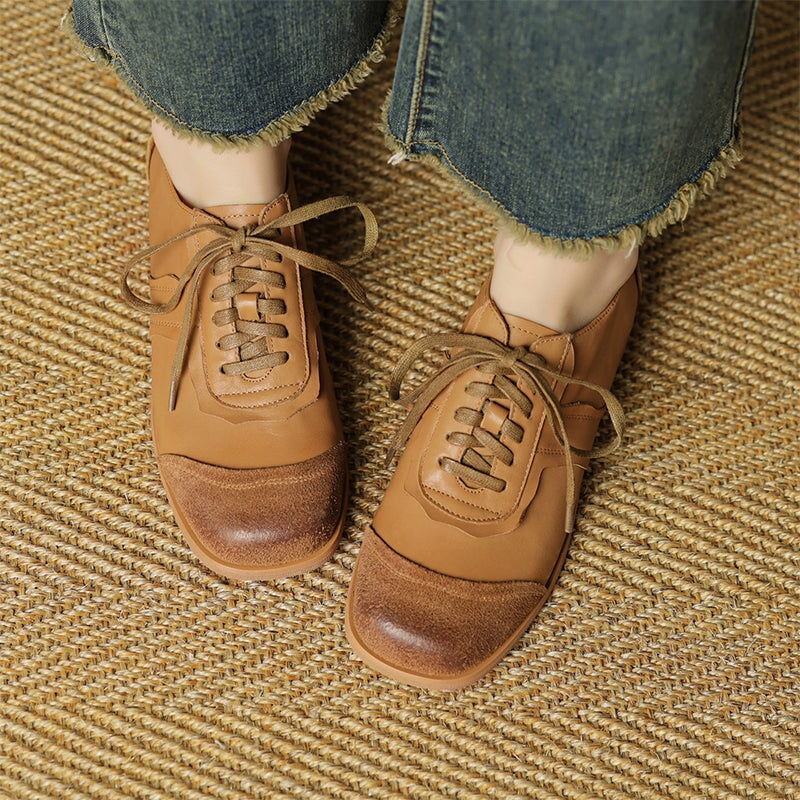 Vintage Handmade Horse Leather Women’s Flat Oxford Shoes in Dark Coffee/Black/Apricot